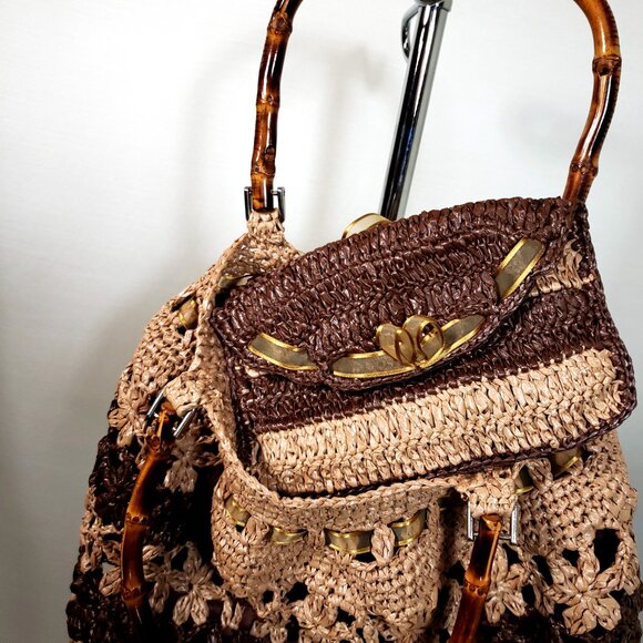 Vintage Woven Straw Rattan purse, Cottagecore Boho bow bamboo handle W/ wallet - Picture 3 of 9